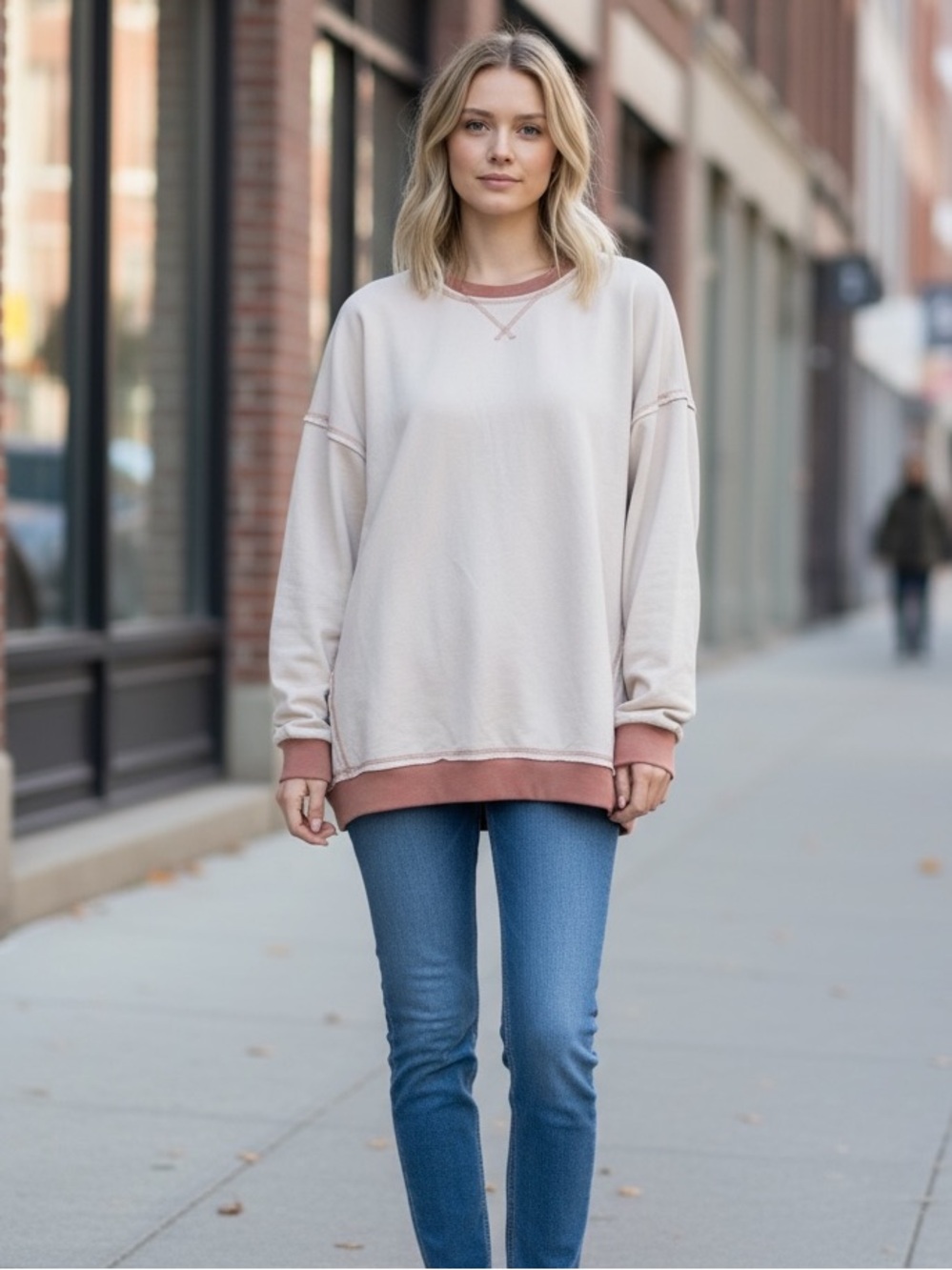 NEW Kyemi Tan Nude & Terracotta Mixed Media Comfy Oversize Pullover Sweatshirt